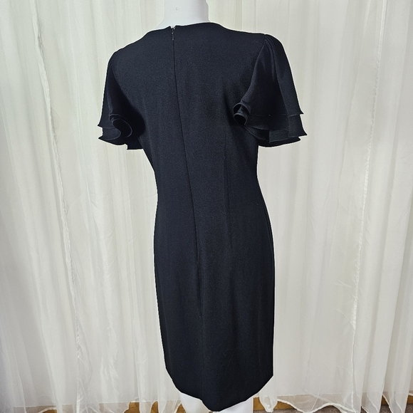 Vintage Neiman Marcus black faux wrap dress rhinestone button ruffle sleeves 10 - Picture 8 of 11